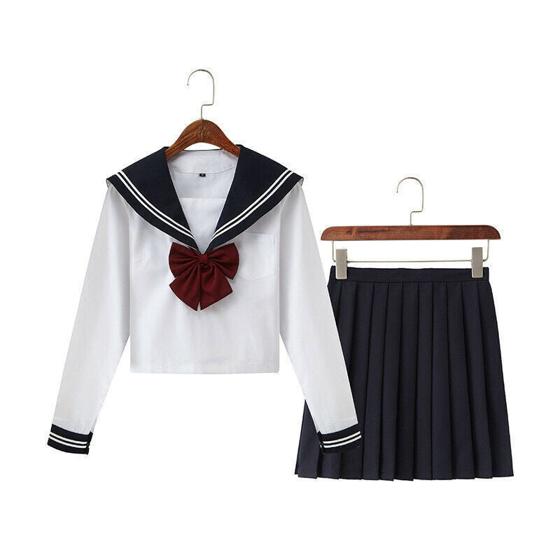 Japanese-style schoolgirl white sailor uniform set for women, JK uniform long-sleeved pleated skirt two-piece set
