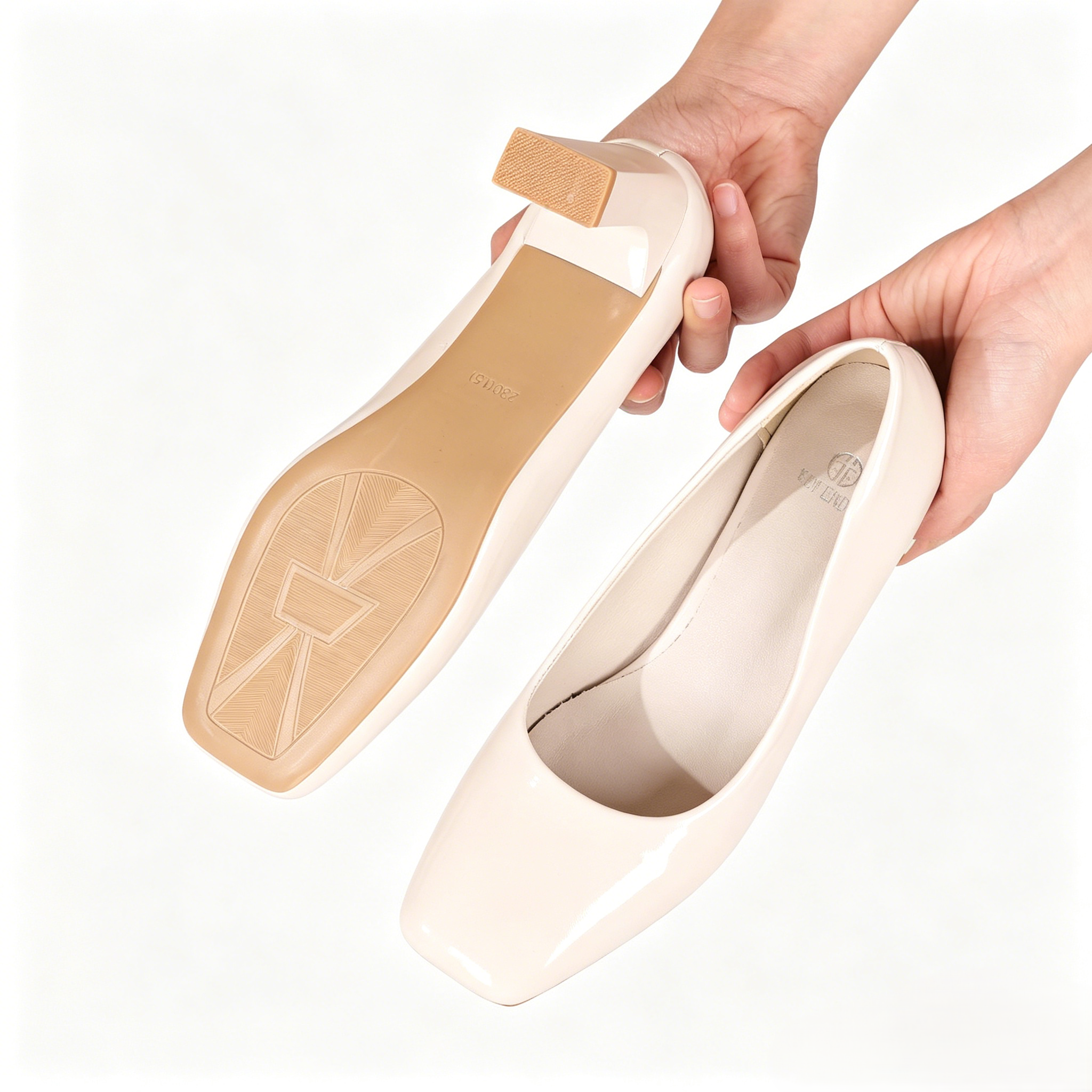 Simple and versatile patent leather chunky heeled flats for women, square toe, low-cut, commuting high heels