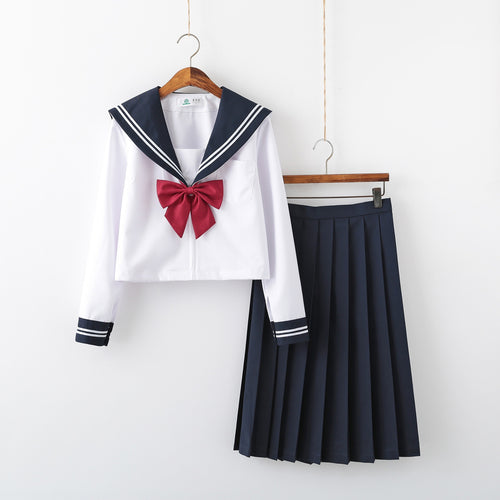 Japanese-style schoolgirl white sailor uniform set for women, JK uniform long-sleeved pleated skirt two-piece set