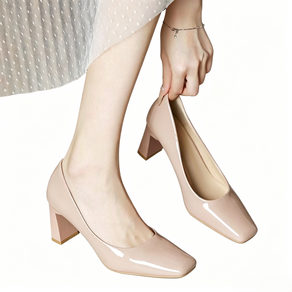 Simple and versatile patent leather chunky heeled flats for women, square toe, low-cut, commuting high heels