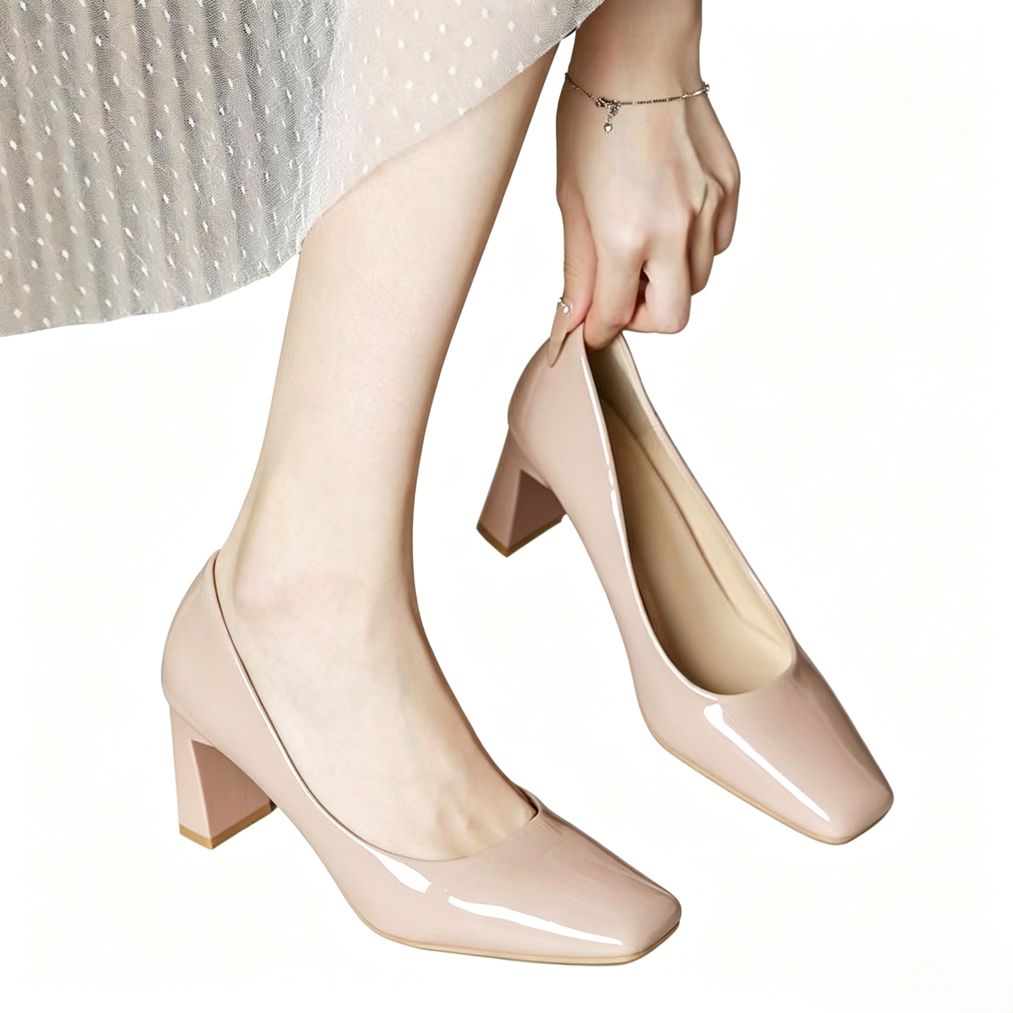 Simple and versatile patent leather chunky heeled flats for women, square toe, low-cut, commuting high heels