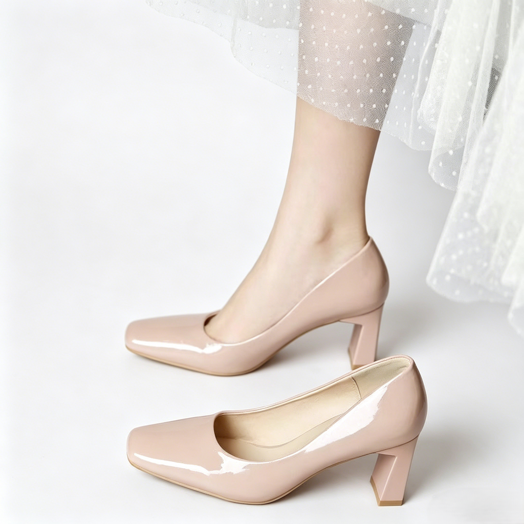 Simple and versatile patent leather chunky heeled flats for women, square toe, low-cut, commuting high heels