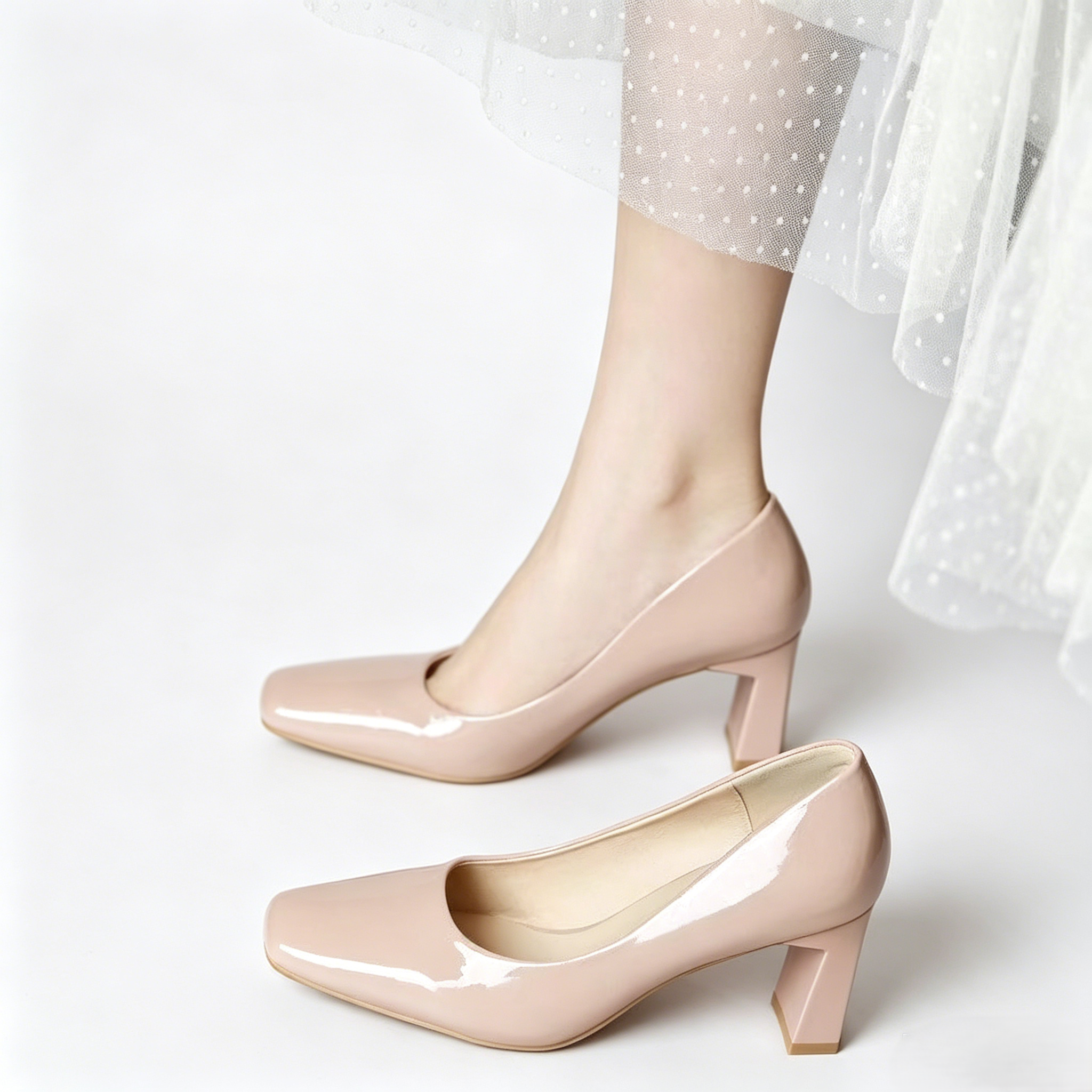 Simple and versatile patent leather chunky heeled flats for women, square toe, low-cut, commuting high heels