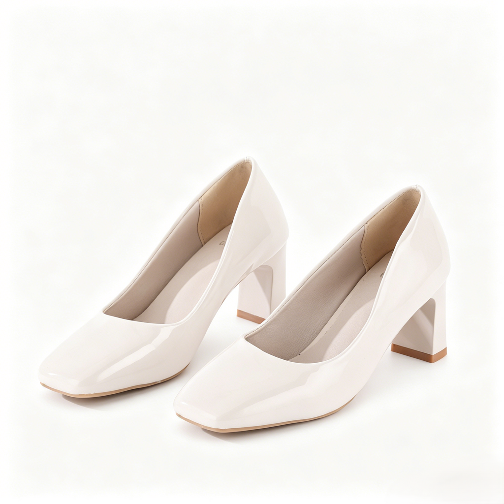 Simple and versatile patent leather chunky heeled flats for women, square toe, low-cut, commuting high heels