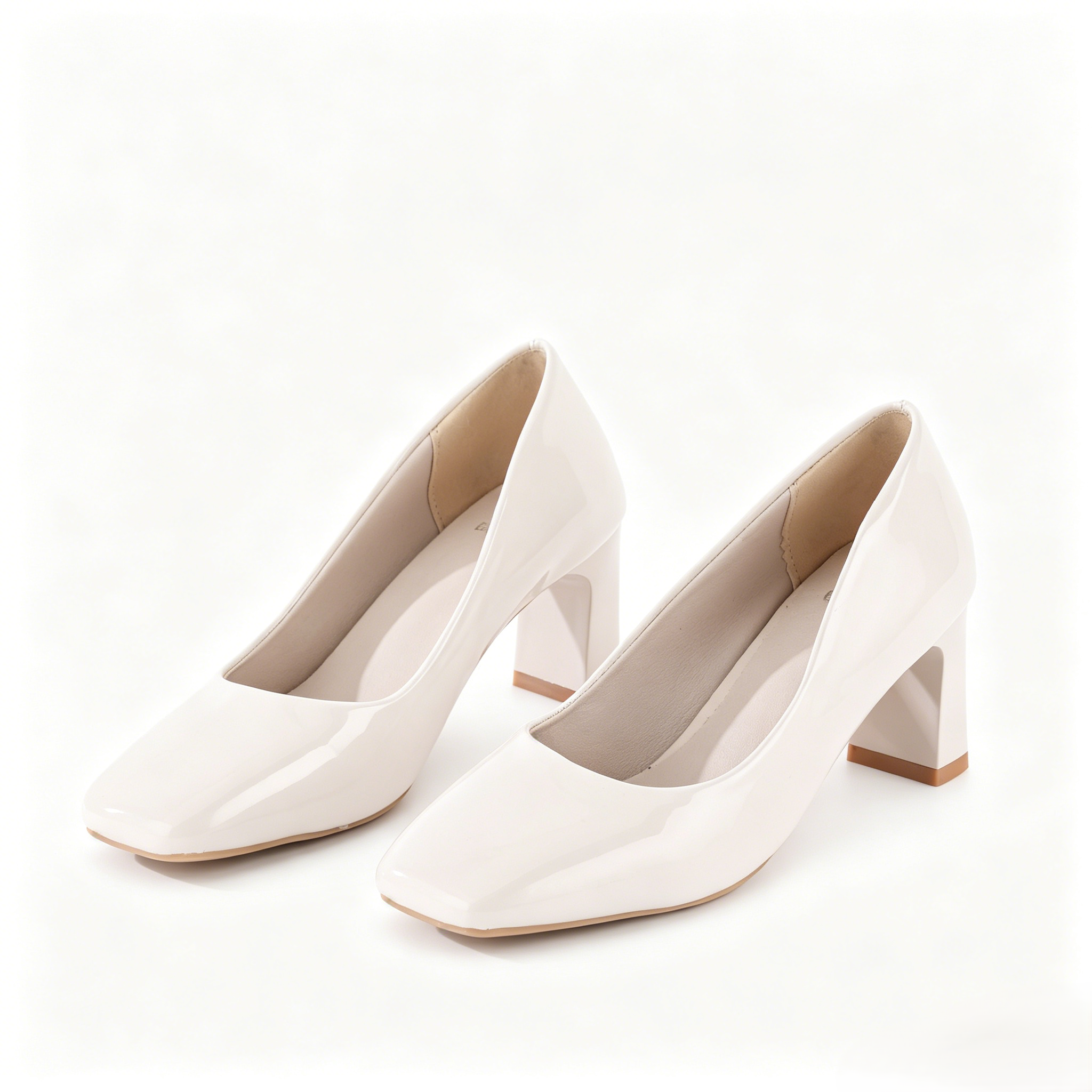 Simple and versatile patent leather chunky heeled flats for women, square toe, low-cut, commuting high heels